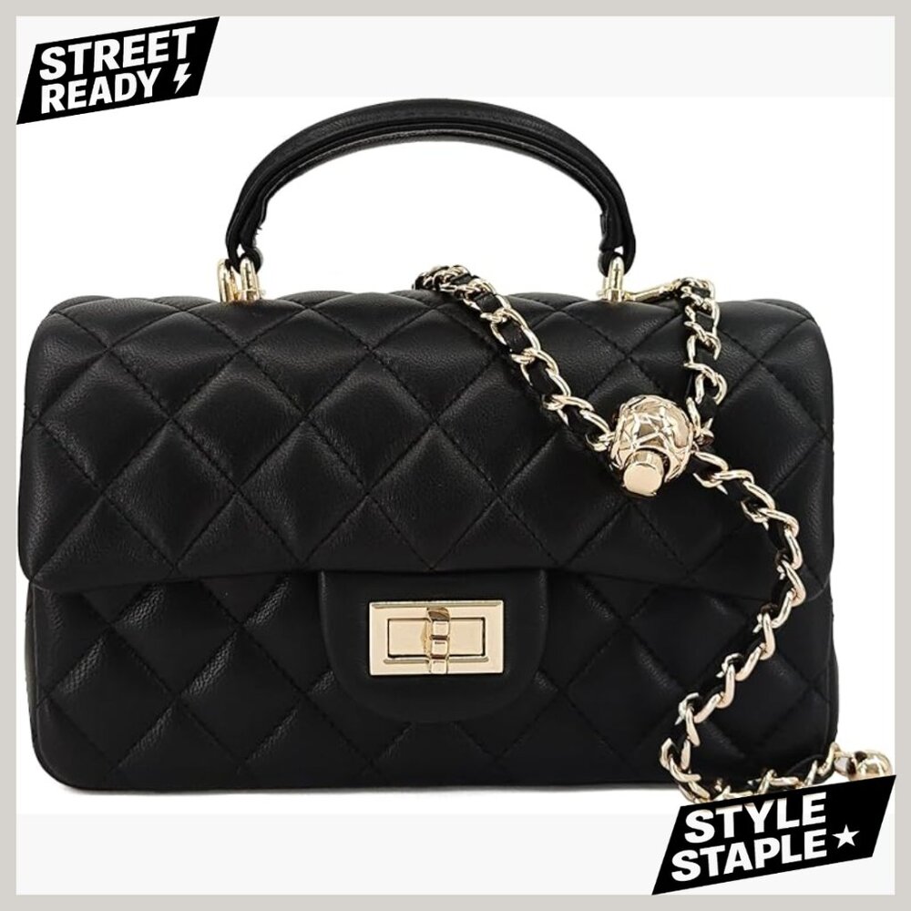 Small Quilted Leather Crossbody Bag with Gold Chain Strap & Top Handle - Picture 1 of 7